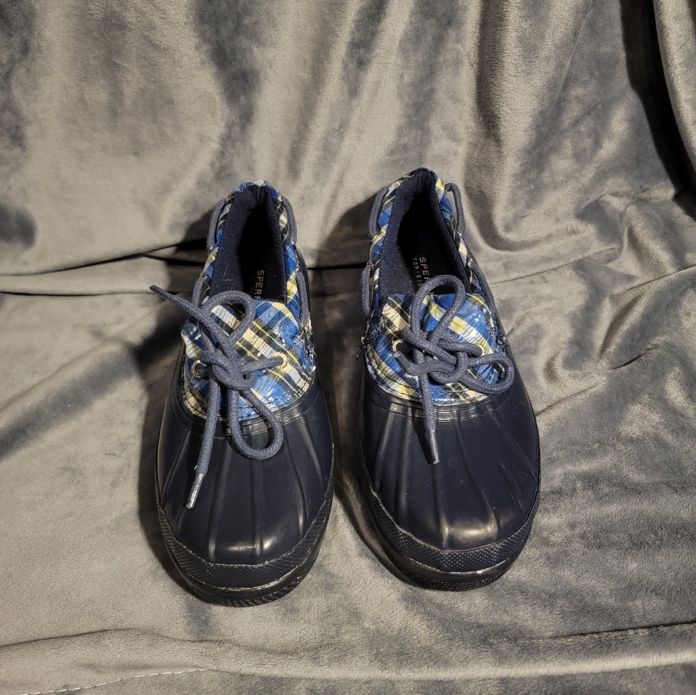 Sperry Low Duck Boots Navy and Green Plaid